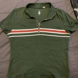 Green striped collar O-ring zip up short sleeve